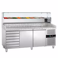 Stół chłodniczy do pizzy ECO - 2025x800mm - z blatem granitowym - 2‑drzwiowy, 7 szuflad - z nadstawką chłodniczą z osłoną szklaną - 10x GN 1/4