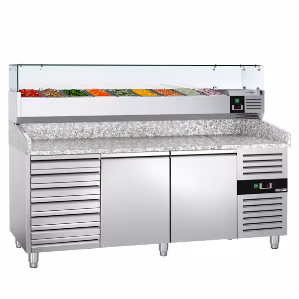 Stół chłodniczy do pizzy ECO - 2025x800mm - z blatem granitowym - 2‑drzwiowy, 7 szuflad - z nadstawką chłodniczą z osłoną szklaną - 10x GN 1/4