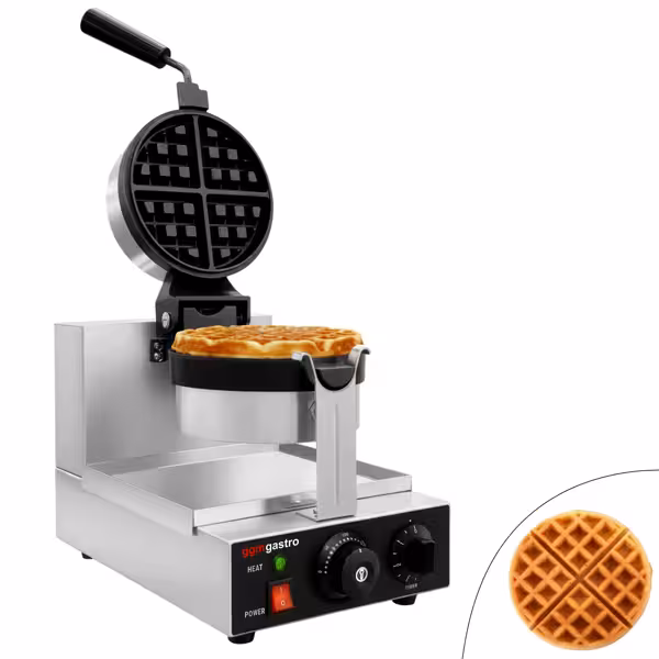 Waffle Makinesi - Tekli - Manuel Zamanlayıcılı - 1,3kW - Şekil: Yuvarlak - Ø 180mm - 180° çevirmeli - Sabit Plakalı - pişirme plakaları teflon kaplamalı