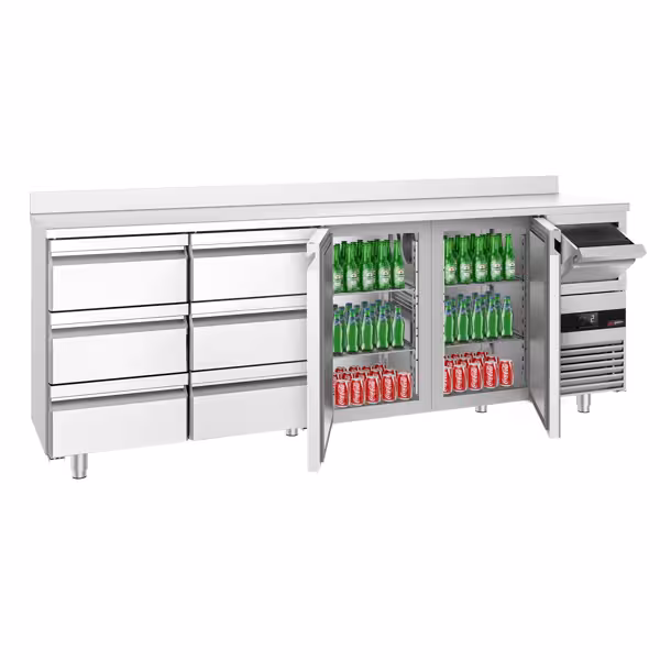 Stół chłodniczy barowy do napojów PREMIUM – 2690 x 600 mm – z 2 drzwiami, 6 szufladami, rantem i odbijakiem do kawy