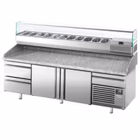 Table réfrigérée à pizza Premium PLUS - 2305x800 mm - avec 2 portes & 3 tiroirs - incl. vitrine réfrigérée pour ingrédients - 11x GN 1/4