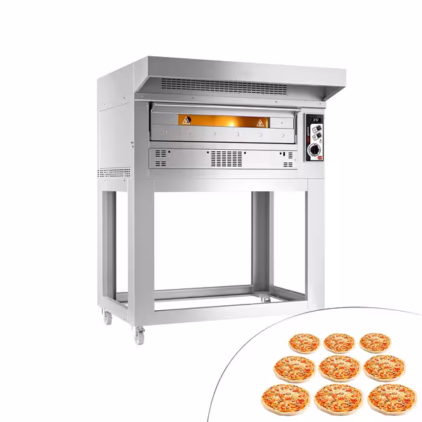 Gas Deck Pizza Oven - Single Deck - 9 x Ø 33cm (13") - 230V Single Phase - Mechanical Controls - up to 370°C - incl. Stainless steel hood & Base frame - with Wheels