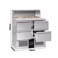 Stół chłodniczy sałatkowy PREMIUM – 903 mm – z 4 szufladami – z nadstawką ze stali nierdzewnej na 5x GN 1/6