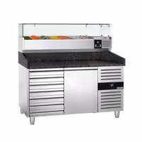 Pizzapult PREMIUM - 1500x800 mm - 1 ajtó + 7 fiók - feltéthűtővel üvegtetővel - 7x GN 1/4 - gránit munkalappal