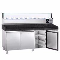 Table réfrigérée à pizza PREMIUM - 2000 x 800 mm - avec 3 portes - incl. vitrine réfrigérée LED - 9 x GN 1/3
