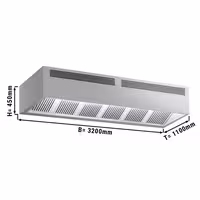 Campana central cúbica profesional con inducción de aire - 3200x1100x450mm - sin motor - con filtros de lamas - LED - bandeja recogegrasas