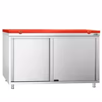Arbetskåp i rostfritt stål PREMIUM - 1400x600 mm - med 2 skjutdörrar - inkl. skärbräda röd