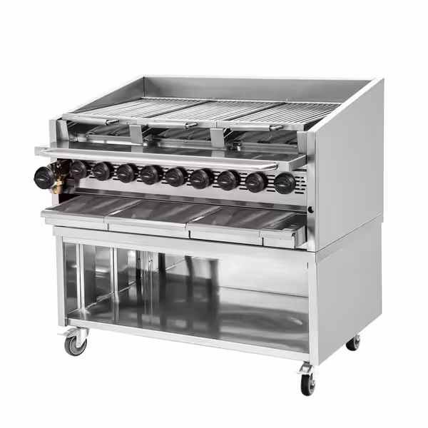 Nagy teljesítményű gázgrill - 37 kW - Billenthető grillrács - Szabadon álló kivitel - Rozsdamentes acél kivitel