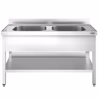 Stół zlewozmywakowy PREMIUM – stal nierdzewna – 1400 x 700 mm – z półką dolną – ze zlewem 2-komorowym pośrodku – z rantem