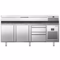 طاولة تحضير بيتزا مبردة PREMIUM PLUS - 1980x700 mm - مع بابان و 2 أدراج - سطح عمل جرانيت - شامل وحدة تبريد علوية - 9x GN 1/4