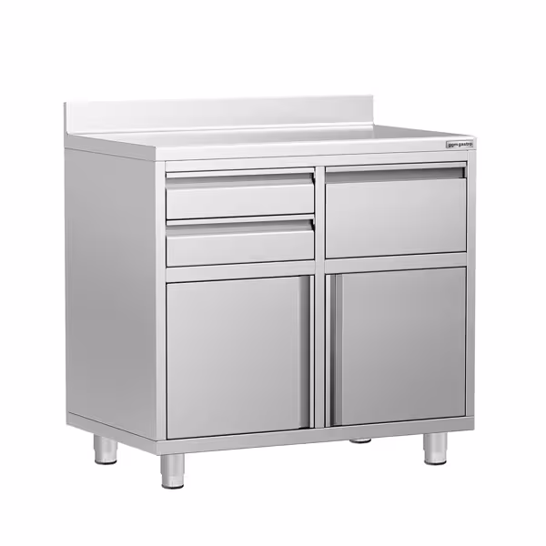 Paslanmaz Çelik Dolaplı Cafe / Bar Çalışma Tezgahı - Sırtlı - Filtre Kahve Makinesi için - 1000x600mm - 2 Çekmeceli, 1 Kapılı, 1 Kahve Posa Çekmeceli (Knock Box)