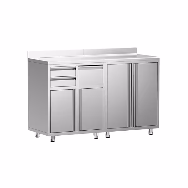 Paslanmaz Çelik Dolaplı Cafe / Bar Tezgahı - Filtre Kahve Makinesi için - 1600x600mm - ile Menteşeli Kapılı & Sırt