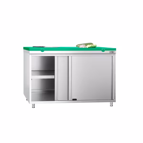 Arbetskåp i rostfritt stål PREMIUM - 1200x700 mm - med 2 skjutdörrar - inkl. skärbräda grön