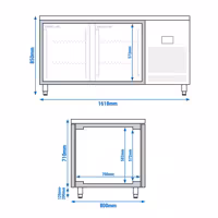 Stół chłodniczy barowy do napojów Premium PLUS – przelotowy – 1618 x 800 mm – EN 600 x 400 – z 2 drzwiami szklanymi – do cukierni i piekarni