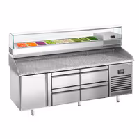 Table réfrigérée à pizza Premium PLUS - 1980x700 mm - avec 1 porte & 4 tiroirs - incl. vitrine réfrigérée - 9x GN 1/4