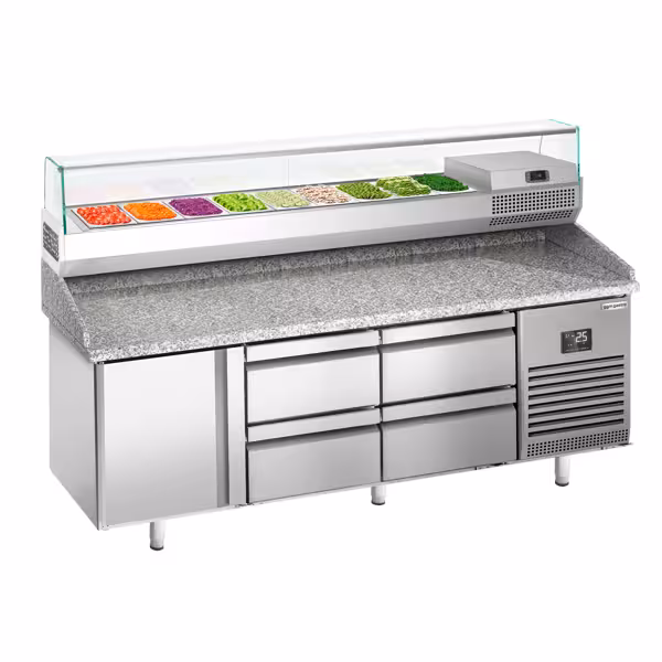Profesionāls Picas galds PREMIUM PLUS - 1980x700 mm - ar 1 durvīm un 4 atvilktnēm - ar granīta darba virsmu - ar augšējo aukstuma vitrīnu - 9x GN 1/4