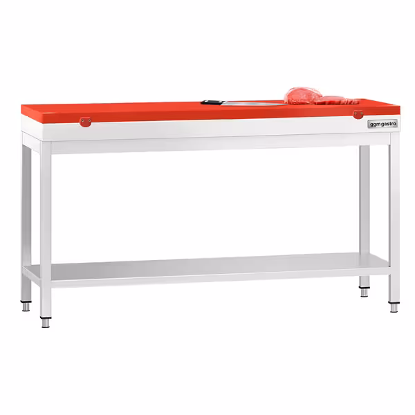 Arbetsbänk i rostfritt stål PREMIUM - 1800x600 mm - med underhylla - inkl. skärbräda röd