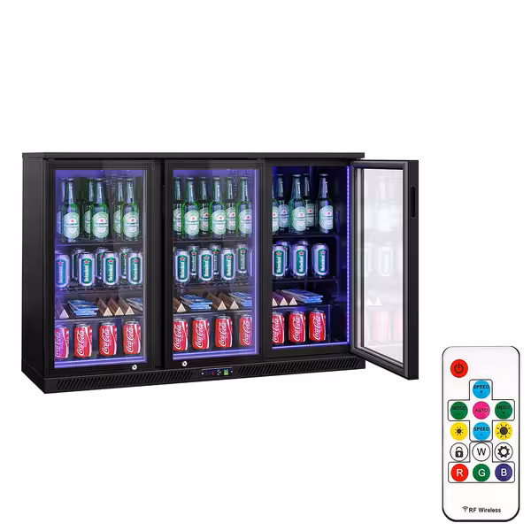 Commercial Back Bar Cooler - 1350mm - 320L - with 3 glass hinged doors - Black