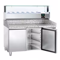 Table réfrigérée à pizza PREMIUM - 1500 x 800 mm - avec 2 portes - incl. vitrine réfrigérée avec LED - 7 x GN 1/4