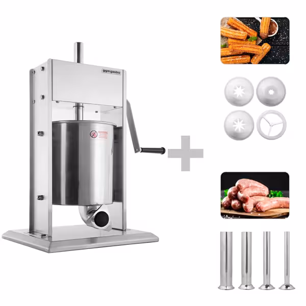 Manuel Sucuk / Sosis Dolum Makinesi Dikey & Churros Makinesi - 10L - Paslanmaz Çelik - 4 Dolum Hunisi & 3 Churros Kalıbı Dahil