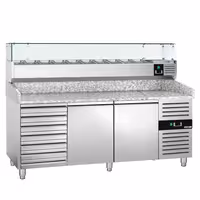 Pizzapult ECO - 2025x800 mm - 2 ajtó + 7 fiók - feltéthűtővel - 9x GN 1/3 - gránit munkalappal
