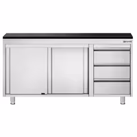 Rozsdamentes acél munkaszekrény PREMIUM – 1600x700 mm – 3 fiókkal a jobb oldalon – gránit munkalapmal