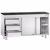Rozsdamentes acél munkaszekrény PREMIUM – 1400x600 mm – 3 fiókkal bal oldalon – gránit munkalapmal