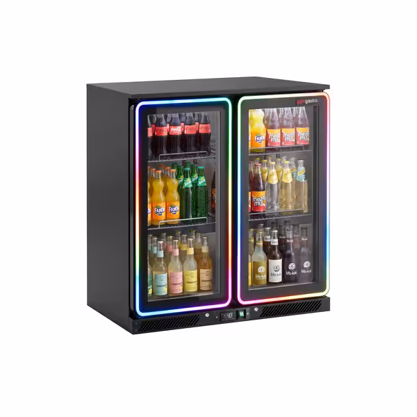 Bar hladnjak – 900 mm – 220 litara – s dvije LED vrata na šarkama za čaše – crna vanjska i unutarnja strana