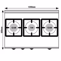 Plinski štednjak - 1200x600x1020 mm - 34,5 kW - 3 plamenika - samostojeći - s plinskom pećnicom statičnom - 3,5 kW - GN 1/1