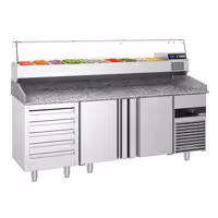 Stół chłodniczy do pizzy PREMIUM - 2100x800mm - z blatem granitowym - 2‑drzwiowy, 5 szuflad - z nadstawką chłodniczą z osłoną szklaną - 10x GN 1/3