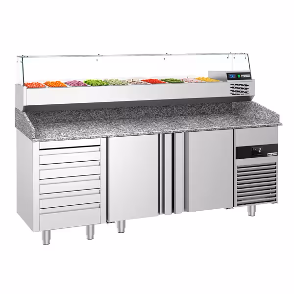 Stół chłodniczy do pizzy PREMIUM - 2100x800mm - z blatem granitowym - 2‑drzwiowy, 5 szuflad - z nadstawką chłodniczą z osłoną szklaną - 10x GN 1/3