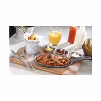 Sizzle Platter Set - 6-piece set - incl. 3 small bowls & fryer basket & wooden base - pre-seasoned cast iron pan & stainless steel accessories & MDF board - 350x260mm - oval