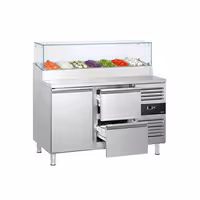 PREMIUM pripremni stol – 1360 mm – 1 vrata i 2 ladice – s gornjom plohom od stakla – za 7 x GN 1/3