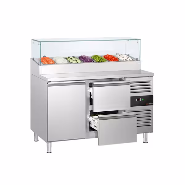 PREMIUM pripremni stol – 1360 mm – 1 vrata i 2 ladice – s gornjom plohom od stakla – za 7 x GN 1/3