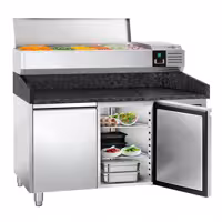 Stół chłodniczy do pizzy PREMIUM - 1500x800mm - z blatem granitowym - 2‑drzwiowy - z nadstawką chłodniczą - 6x GN 1/3