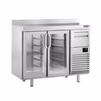 Stół chłodniczy barowy do napojów Premium PLUS – 1470 x 600 mm – z 2 drzwiami szklanymi, rantem i odbijakiem do kawy