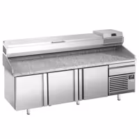 Stół chłodniczy do pizzy Premium PLUS – 2305 x 800 mm – z 3 drzwiami i 1 szufladą – wraz z witryną chłodniczą – 11 pojemników GN 1/4