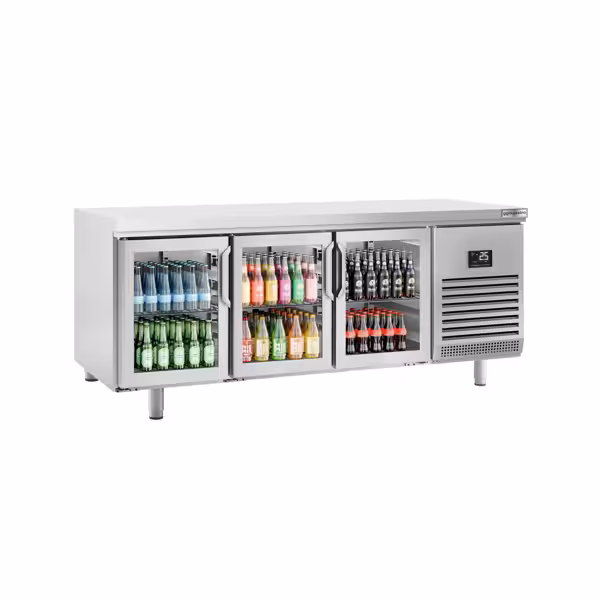 Stół chłodniczy barowy do napojów Premium PLUS – 2185 x 800 mm – z 3 drzwiami szklanymi