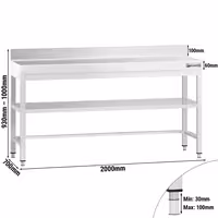 Rozsdamentes acél munkaasztal PREMIUM - 2000x700 mm - alsó polccal & hátsó peremmel & lábösszekötővel