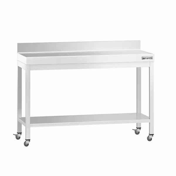 طاولة عمل من الفولاذ المقاوم للصدأ من طراز PREMIUM - 1200 × 800 مم - مزودة بقاعدة سفلية وحافة مرتفعة وعجلات