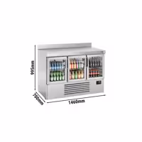 Stół chłodniczy barowy do napojów Premium PLUS – 1460 x 700 mm – z 3 drzwiami szklanymi – z rantem