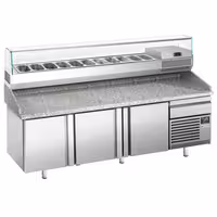 Table réfrigérée à pizza Premium PLUS - 2305x800 mm - avec 3 portes & 1 tiroir - incl. vitrine réfrigérée - 11x GN 1/4