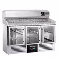 Pizzakylbänk PREMIUM - 1400x700 mm - 3 glasdörrar - inkl. kylränna - 6x GN 1/4
