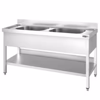 Stół zlewozmywakowy PREMIUM – stal nierdzewna – 1400 x 700 mm – z półką dolną – ze zlewem 2-komorowym pośrodku – z rantem