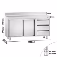 خزانة قاعدية ستانلس ستيل PREMIUM - 1400x600mm - وحدة أدراج 3 يمين - مع حاجز خلفي