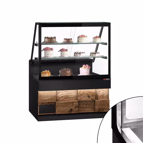 Csemegepult TORONTO - 1300x880 mm - 568 liter - ventilációs - egyenes frontüveges - dupla üvegezés - 2 polccal - fekete - gránit munkalap