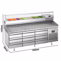 Pizzapult PREMIUM PLUS - 1980x700 mm - feltéthűtővel - 9x GN 1/4 - gránit munkalappal