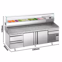 Table réfrigérée à pizza Premium PLUS - 2305x800 mm - avec 2 portes & 3 tiroirs - incl. vitrine réfrigérée pour ingrédients - 11x GN 1/4