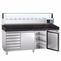 Stół chłodniczy do pizzy PREMIUM – 2000 x 800 mm – z 2 drzwiami i 7 szufladami – z witryną nadstawną chłodniczą LED na 10x GN 1/4