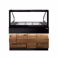 Saladette refrigerata professionale TORONTO - 1250mm - rivestimento frontale in legno - 2 porte - con vetrina in vetro dritto per 3x GN 1/1, 1 ripiano - piano di lavoro in granito nero